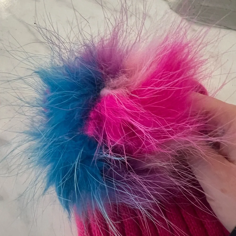 Bari Lynn Hot Pink Knit Beanie Hat with Rainbow Faux Fur Pom One Size Winter EUC
